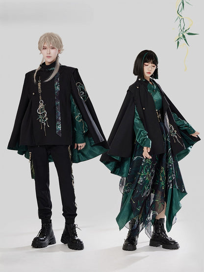 Green Black Chinese Cloak Asymmetrical Embroidery