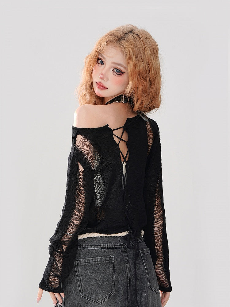 Crop Top Detailing Black Neckline - Asymmetrical Knit Intricate Distressed