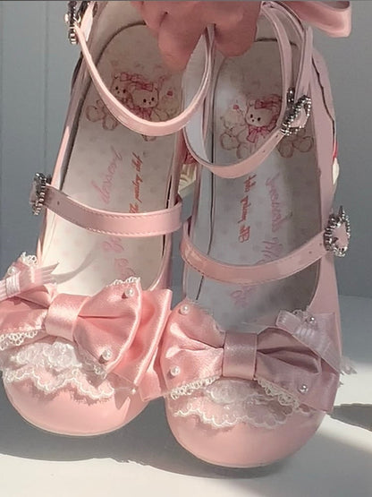 Beaded Pink PU Janes Bows with Sweet Heel Heart Mary - Cake Crystal Strawberry Lolita Snap
