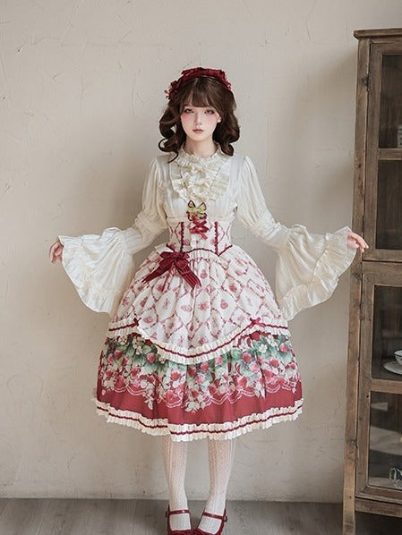 Elastic-Waist Lolita Skirt Featuring Strawberry Floral Motif - Currant