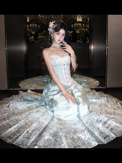 Fishbone Bodice Mint Blue Lace Trim Corset - San Sheng Du