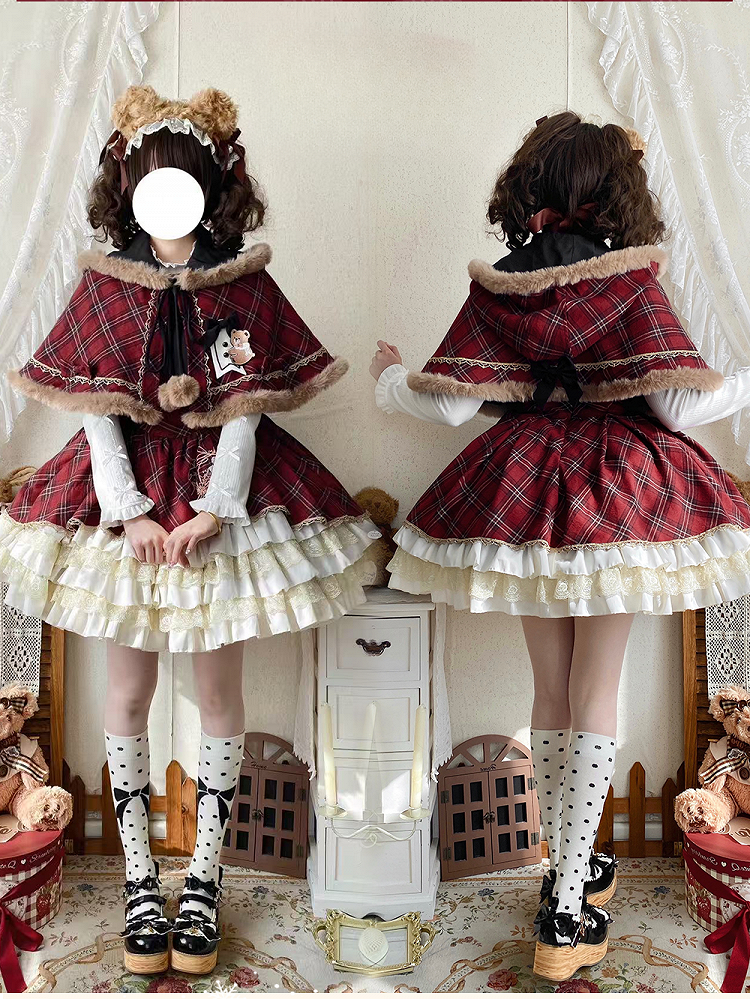 Red and Black Plaid Layered Lace Ruffled Sweet Lolita Dress +  Brown Faux Fur Trim Hooded Cape Set