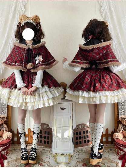 Red and Black Plaid Layered Lace Ruffled Sweet Lolita Dress +  Brown Faux Fur Trim Hooded Cape Set