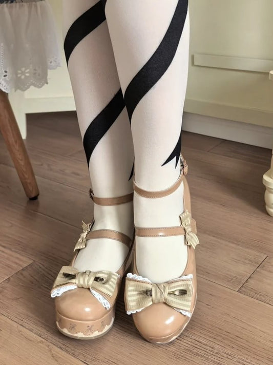 Khaki Shoes Hem Striped Lace-trimmed Scalloped - Sweet Platform Bow in Lolita