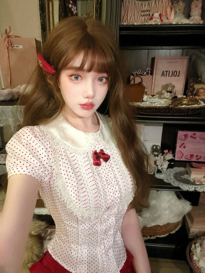 Polka mit Baumwolle Rote Bluse Punkt Akzente Weiß Dollcore