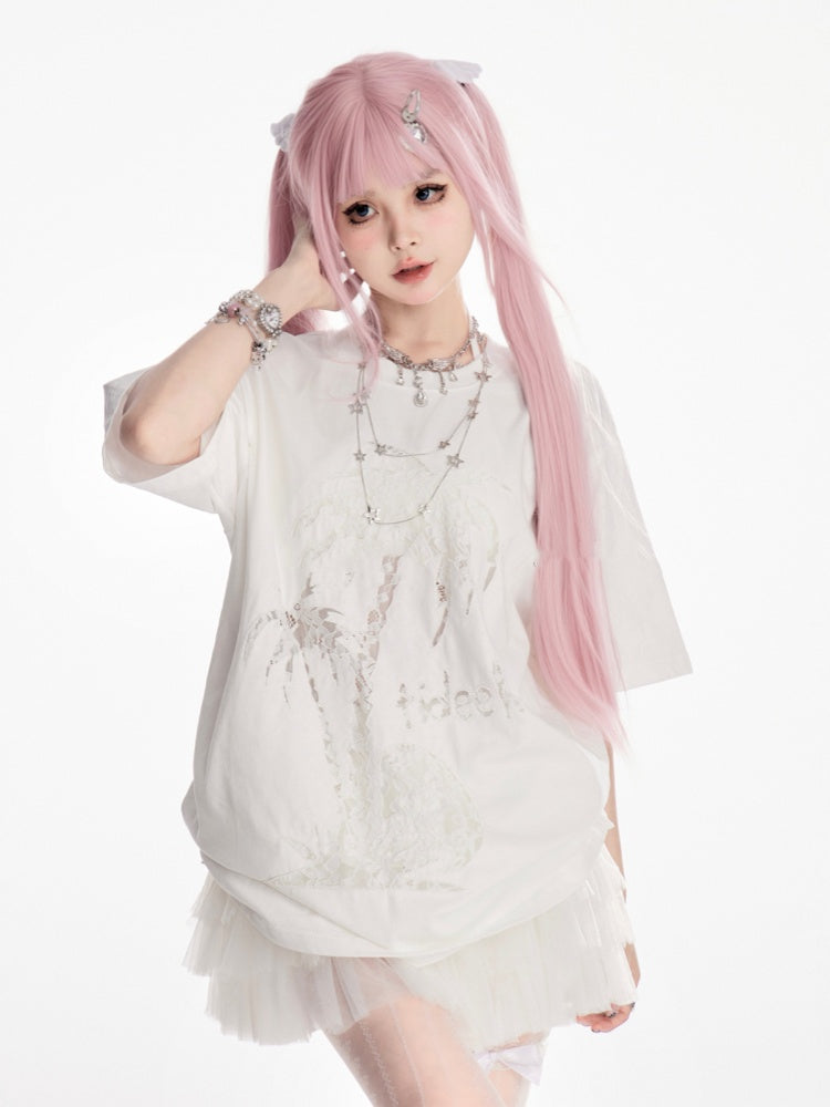 T-shirt Coconut Tree Print White Round Neck Tonal