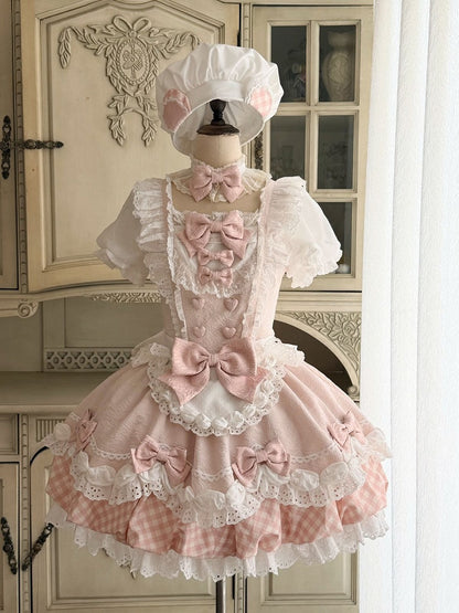 Sweet Pink Short Sleeve Plaid Bow Lolita OP with Pastry Chef Theme - Asleep Townlet