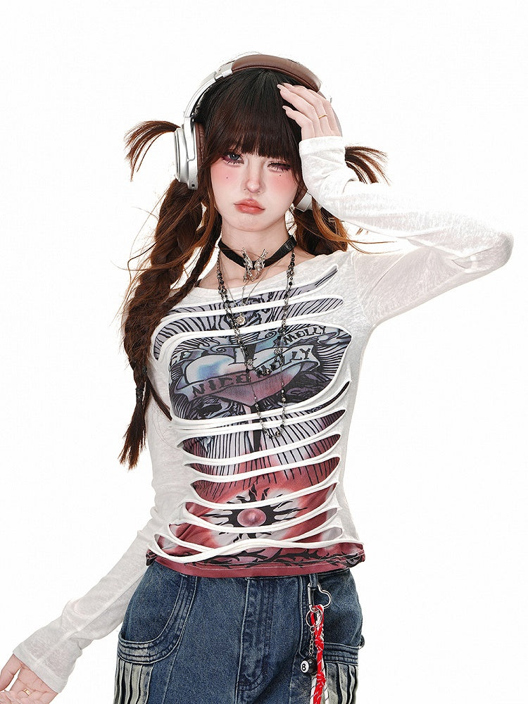 Round Punk Top Black/White Graphic Glamorous Neck