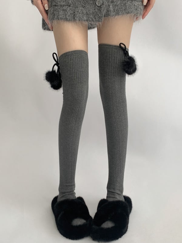 Vertical-Stripe Over Knee with Decorations Colors Pom-Pom 4 Stockings