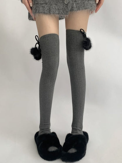 Vertical-Stripe Over Knee with Decorations Colors Pom-Pom 4 Stockings