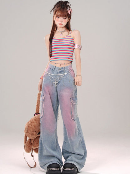 Blaue Cargo-Jeans mit ungesäumtem Saum