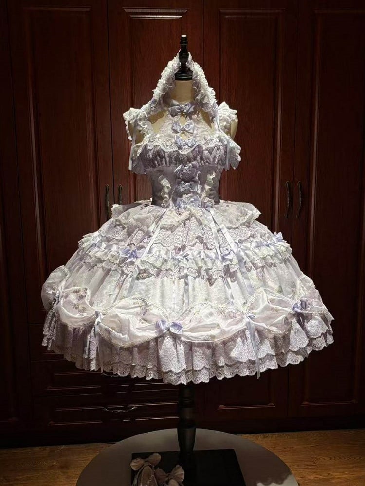 Hime Lolita Purple Dress Bows Halter with Lace Multiple Floral Neck Print Ruffles and