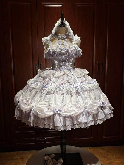 Hime Lolita Purple Dress Bows Halter with Lace Multiple Floral Neck Print Ruffles and
