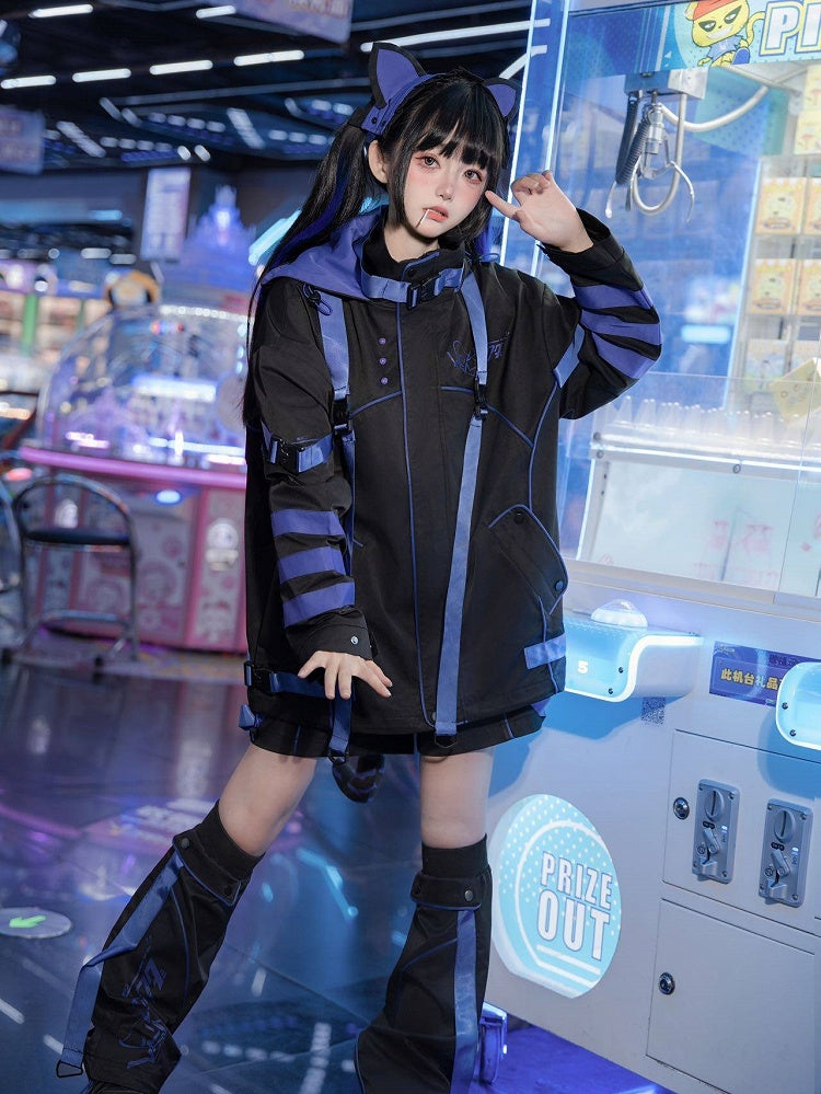 Jacket Ear Blue-Purple Cyber Futuristic Kitty Fashion Techwear Hooded Windbreaker