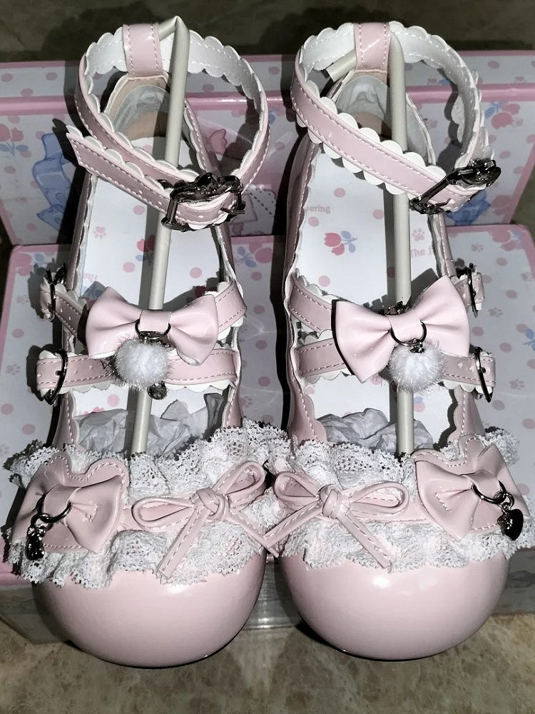 with Mary Janes Mid Lolita PU Details Bow - Heel Pink Sweet