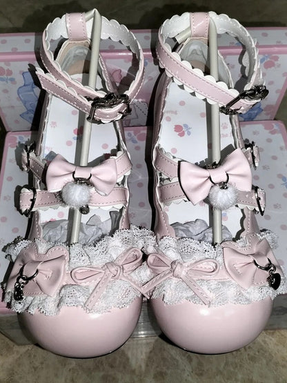 with Mary Janes Mid Lolita PU Details Bow - Heel Pink Sweet