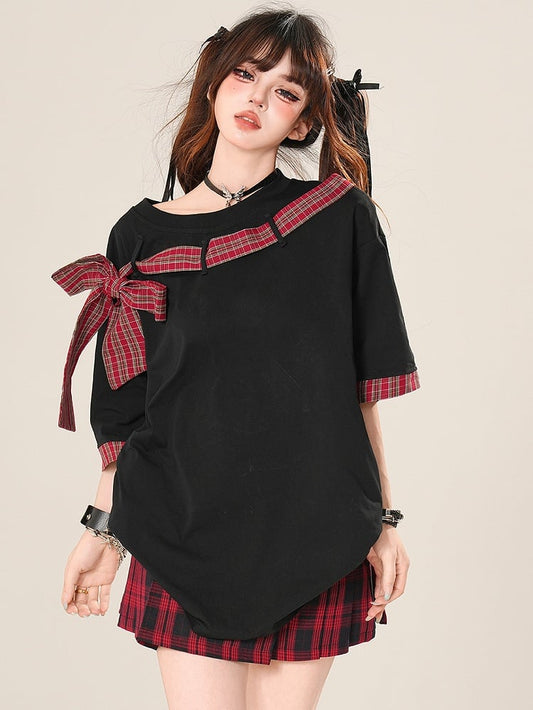 T-Shirt Karo-Ausschnitt Muster Asymmetrische Schleife Schwarz/Grau