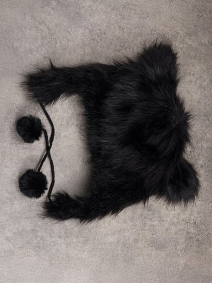 Pin With Cat Bone Pompon Applique Plush Ear Hat Decorated Charms Black Skeleton Gothic