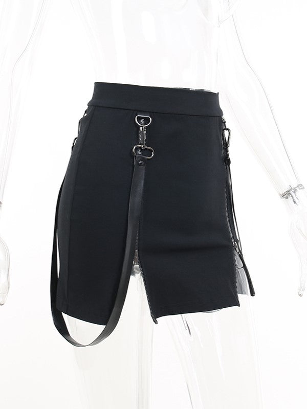 Punk Skirt Short Zippers with Straps Hook Black Halloween Dual