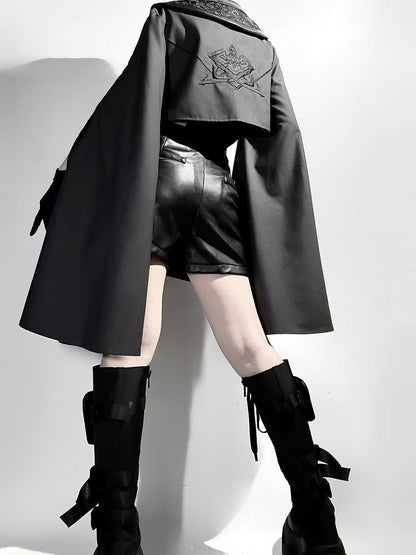 - Size XL Shorts Bodysuit Outfit Ouji Jacket Techwear Black Overlong + Exclusive Sleeves Cropped Leather Lolita Futuristic
