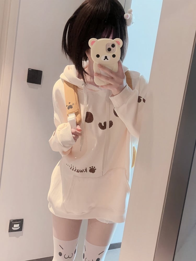Hoodie Front Pouch with Themed Print Cat Pocket Off-white