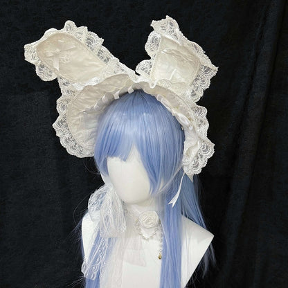 with Bunny Styles Lolita - Sweet Lace (White Two Ears Bonnet Accents Black Gothic)