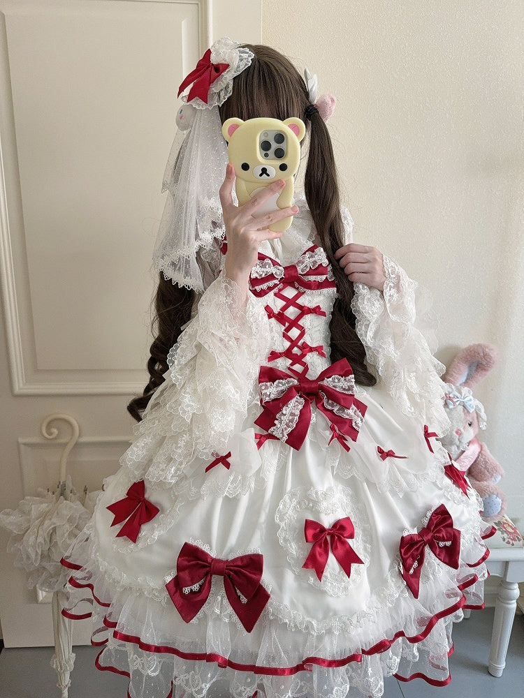 White Princess Lace Bow Doll-Style Sweet JSK Details Red with Lolita Dress