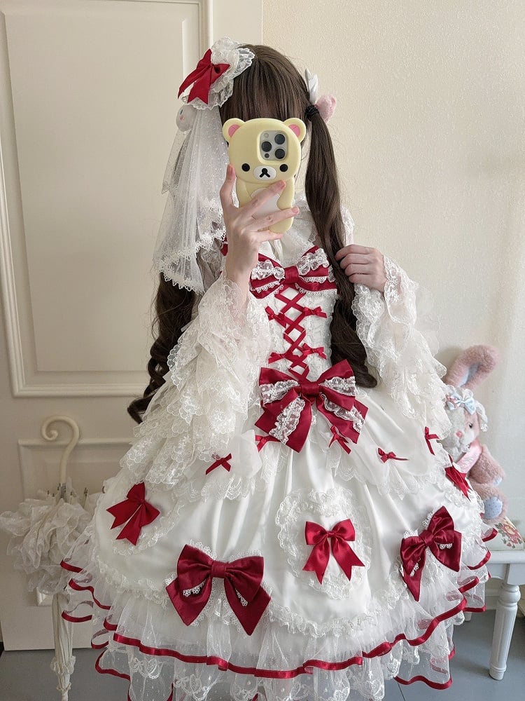 with Heart Sweet JSK / + Big Set Full Doll-Style Lace White Veil Details Red Dress Train Princess Bow Lolita