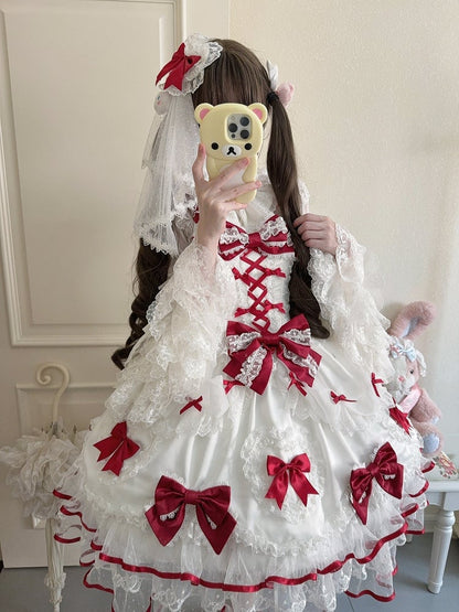 with Heart Sweet JSK / + Big Set Full Doll-Style Lace White Veil Details Red Dress Train Princess Bow Lolita