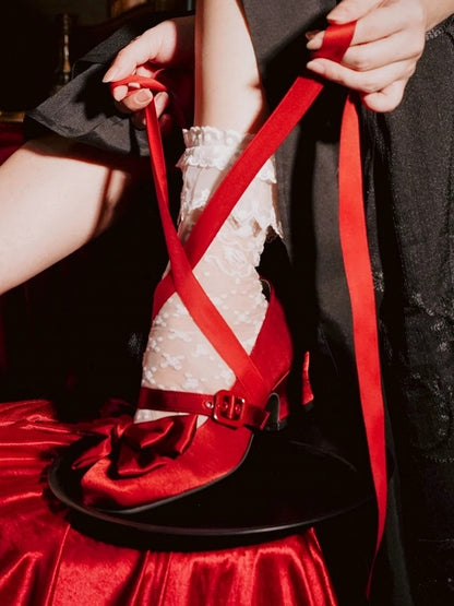 Bow Red Toe Wine Ankle Middle Heels Lace-up Lolita at Top - Elegant Square
