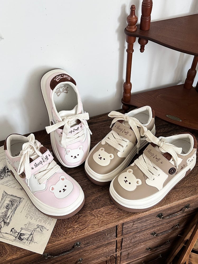 Lace-up Lolita Design with in Print Pink Paw Closure Platform Velcro Sweet Removable Sneakers
