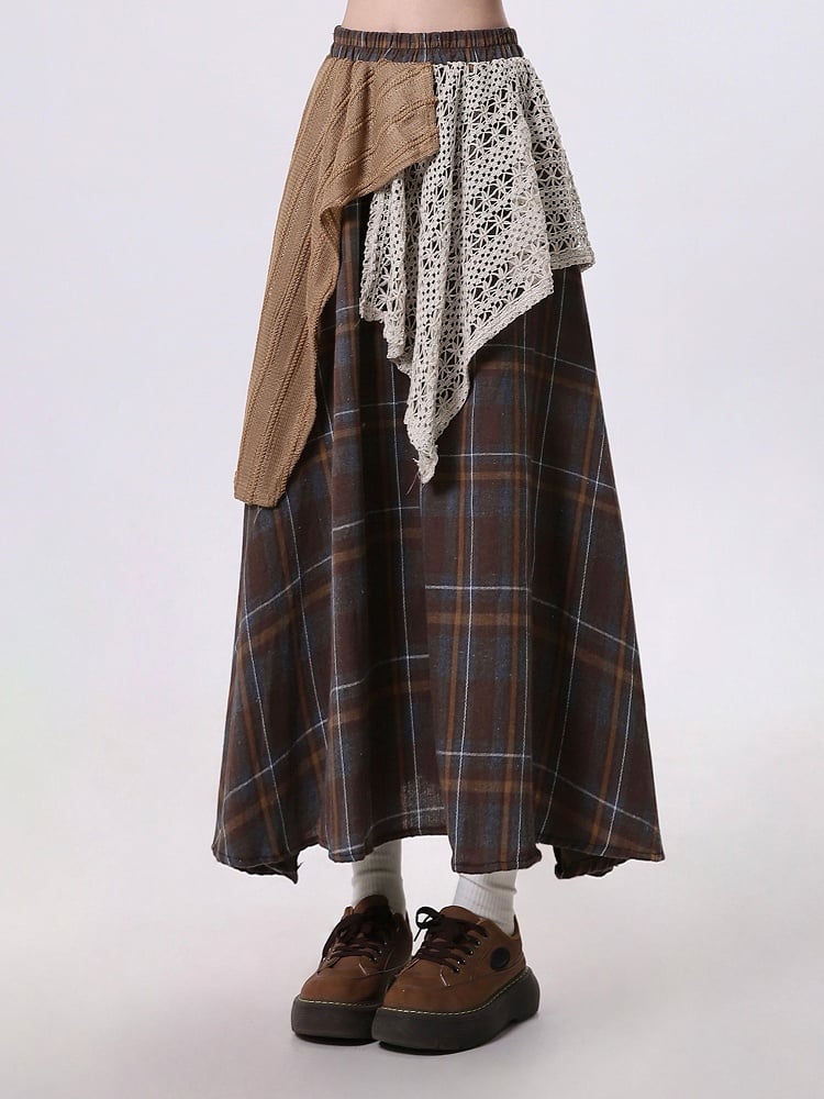 Design Skirt Coffee Maxi Patchwork with Kei Mori Plaid Asymmetrical