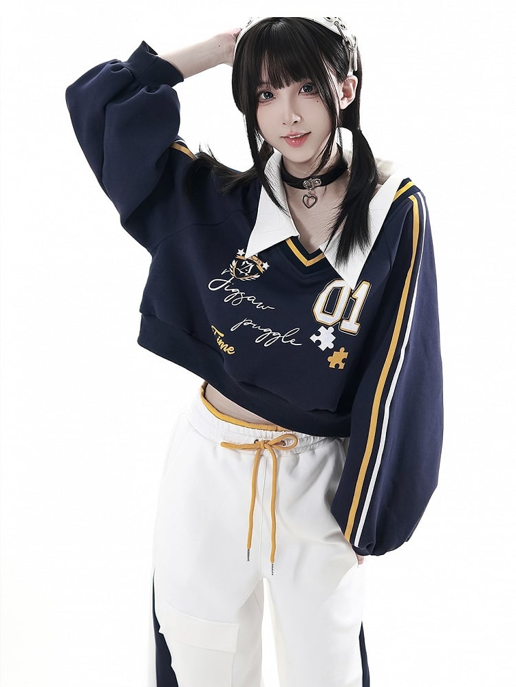 Collared Sweatshirt Preppy Cropped with Print Number Blue Dark Shield Patch