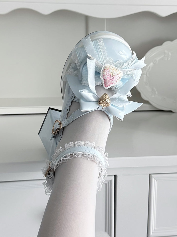 Mary PU Heart Sweet Adjustable Snap Chunky Janes - Blue Heel with Bow Strawberry Lolita