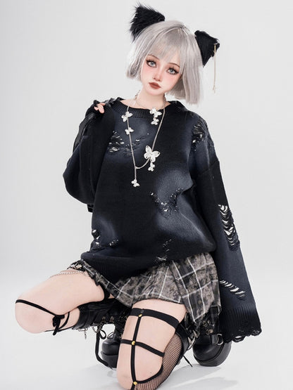 Y2K Black Butterfly Shaped Distressed Holes Round Neck Sweater