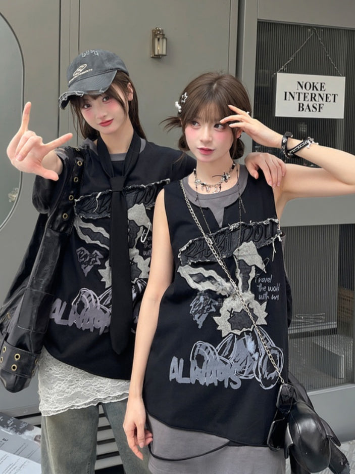 ビタースイートとTシャツのツーピース、フェイクブラックアップリケ、グレーのウサギ柄文字