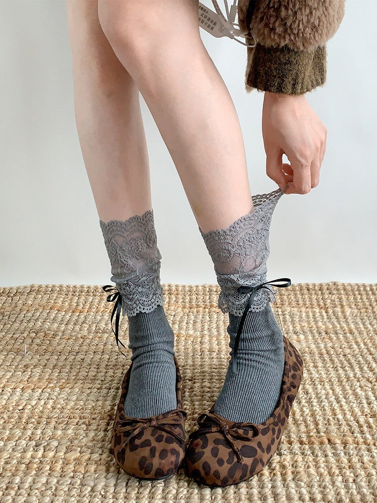 Lace Ruffle Layered Bow Calf Socks