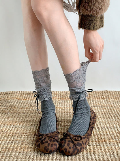 Lace Ruffle Layered Bow Calf Socks