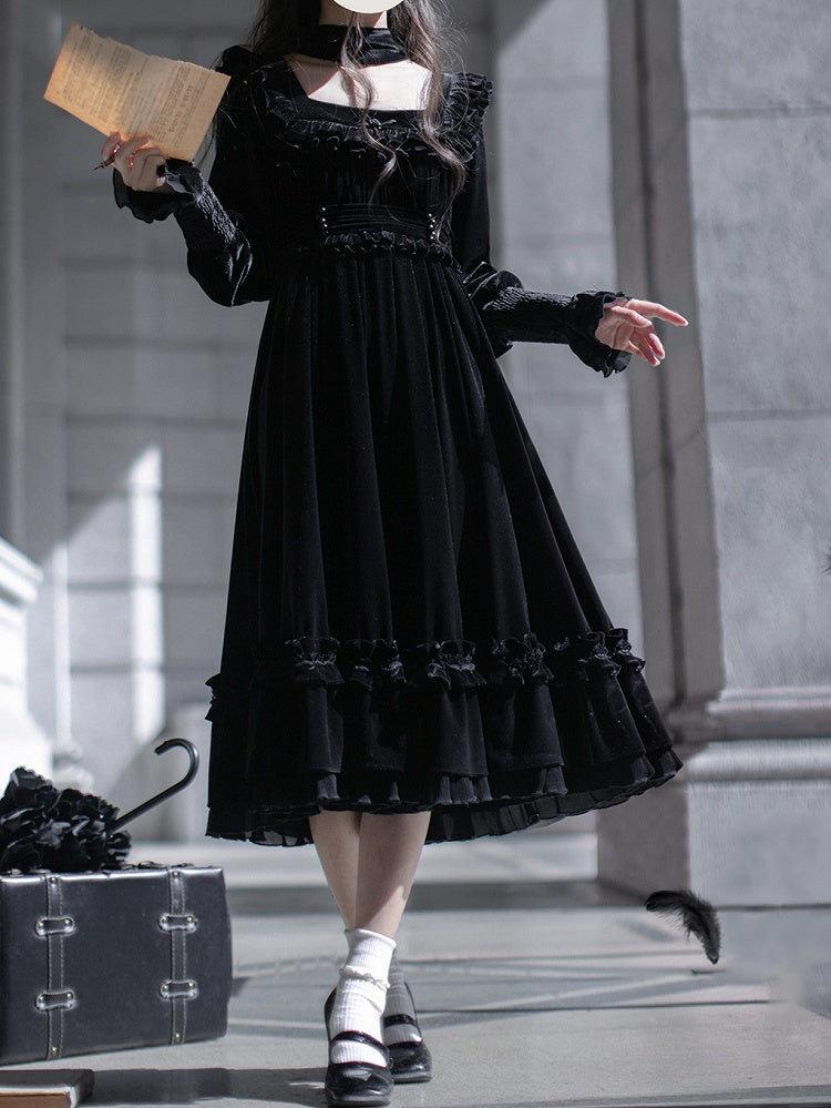 Square Dress Velvet Black Elegant Neckline