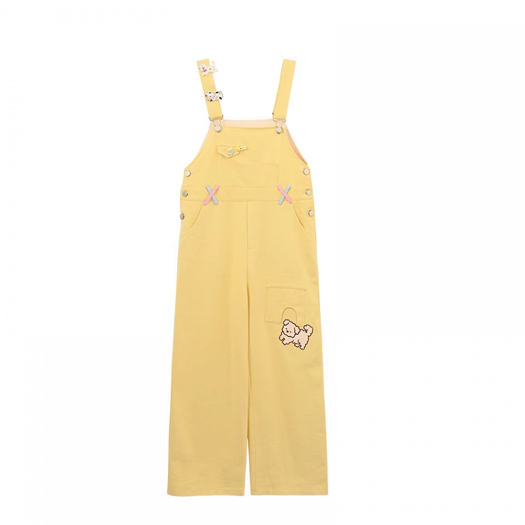 Cut Cartoon Puppy Embroidery Straight-leg Yellow Overall Pants