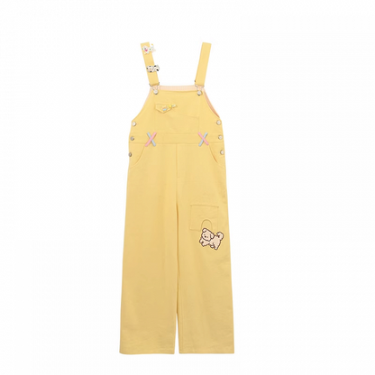 Cut Cartoon Puppy Embroidery Straight-leg Yellow Overall Pants