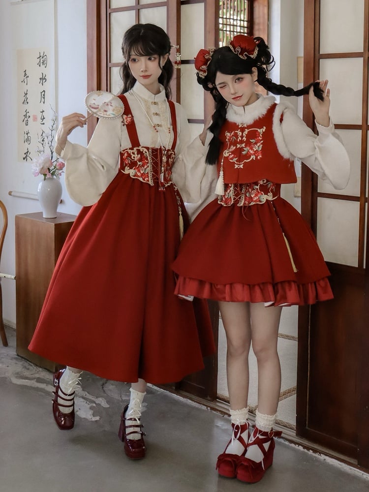 Red New Year Short Version Butterfly and Pomegranate Flowers Lolita Skirt with Detachable Straps