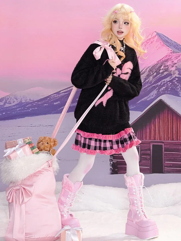 Black Sweet Bowknot Pattern Mohair Loose Sweater