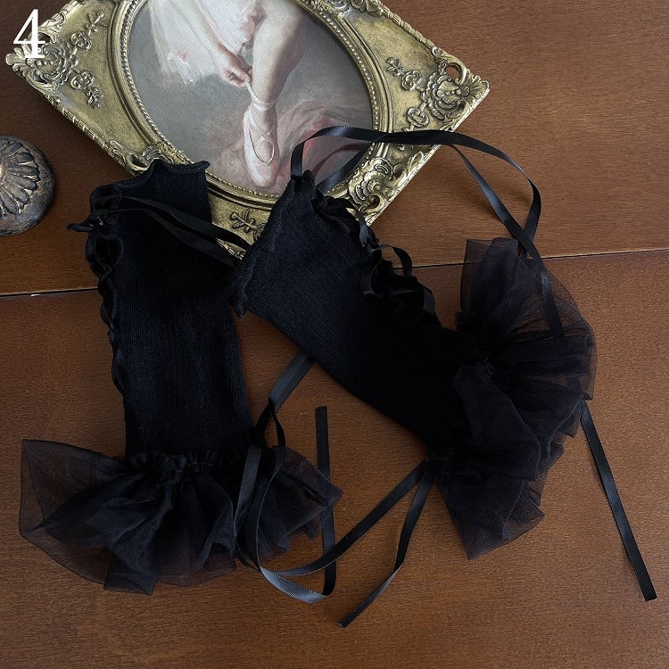 Leg Straps Stockings/Black Warmers/Leg Lace Underknee Black Ruffle Pattern White Loop Hollow-out Stockings/Self-tie Floral