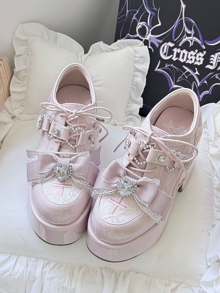 Kei Heels Janes Embroidery Rhinestone Toe Jirai - PU Cross Bow with Pink Mary Heart Platform