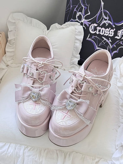 Kei Heels Janes Embroidery Rhinestone Toe Jirai - PU Cross Bow with Pink Mary Heart Platform
