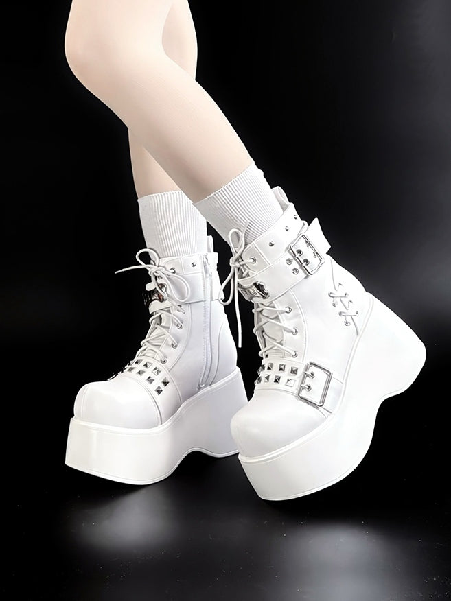 Matte White Punk Platform Boots – Stud, Bone & Lace-Up Strap Design