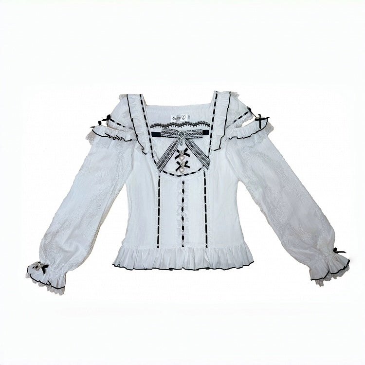Jirai Kei Black & White Square-Neck Cutout Shoulder Cotton Long Sleeve Blouse with Lace & Rhinestone Bow - Broken Bear