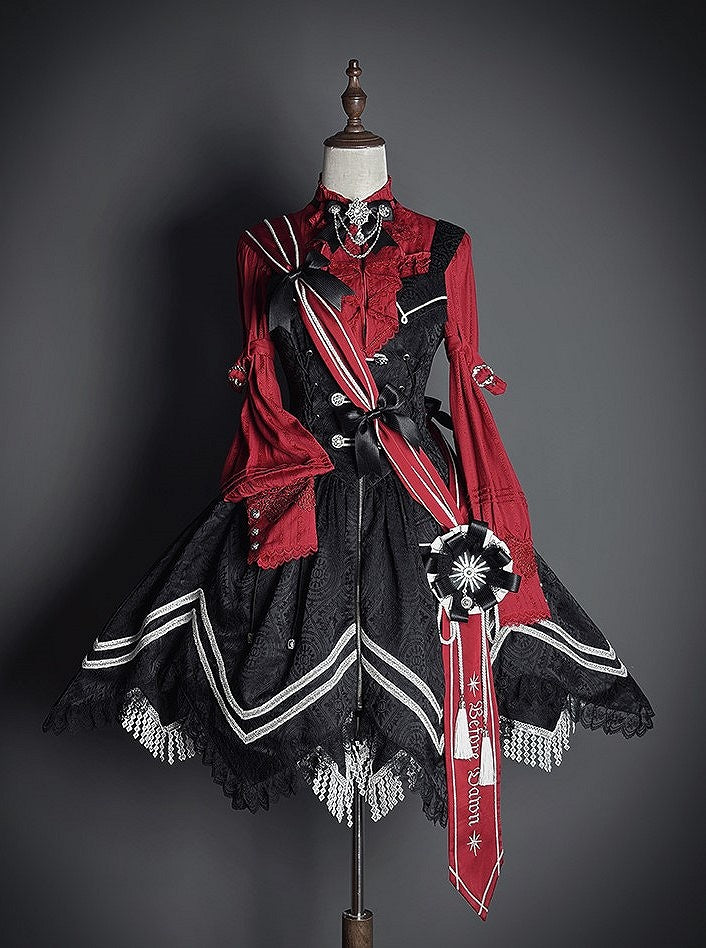and Lolita Military Bow Black Red Embroidered Sash Motif Striped with