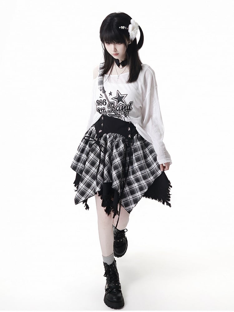 Plaid Skirt White /Black Frayed Handkerchief Hem Blue
